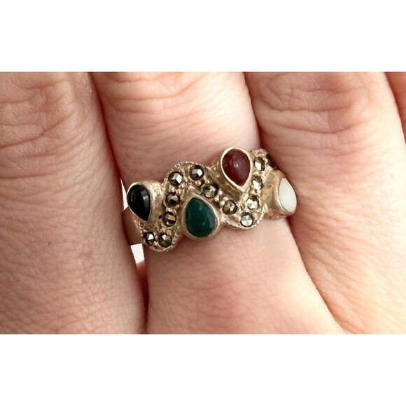 Multi Gemstone SW Style Wavy 925 Sterling Silver Vintage Ring - sz 7.5 - Picture 1 of 14